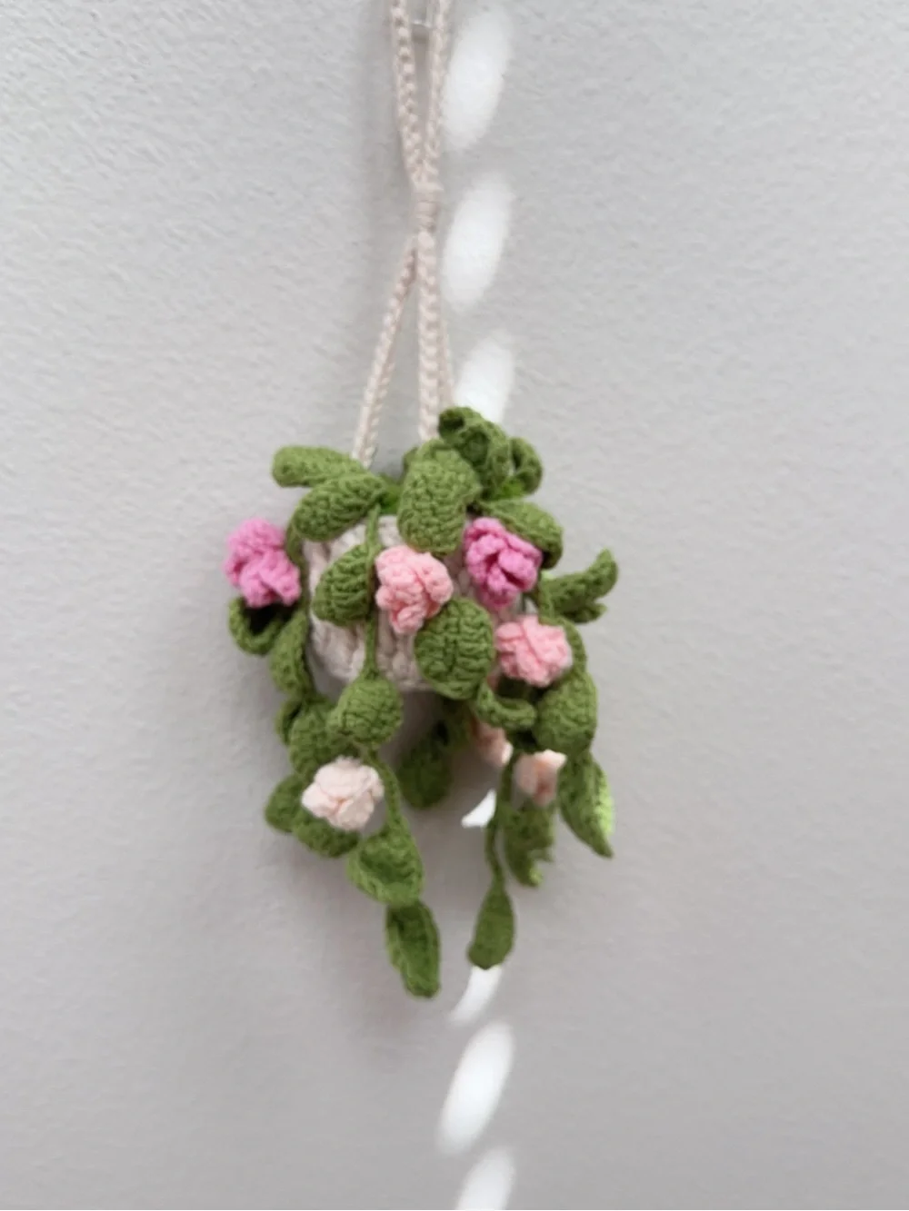 Handmade Crochet Hanging Wall Plant with Pink Flowers